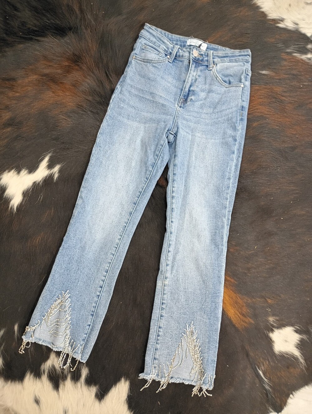Light Blue Women's High-Rise Straight Jeans with Beaded Hem